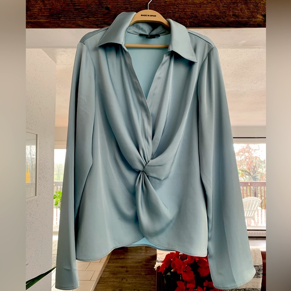 Rachel Zoe Women’s Large Blouse Blue Twisted Gathering Bell Sleeve Zipper Prelov - Picture 1 of 9